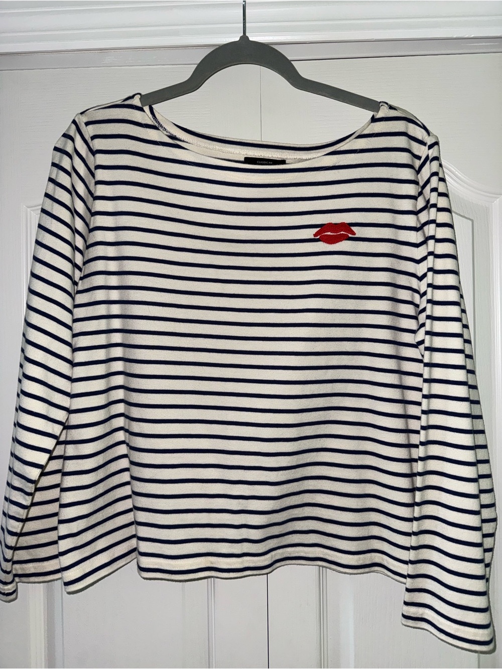J. Crew Navy and White Striped Long-Sleeve Top with embroidery